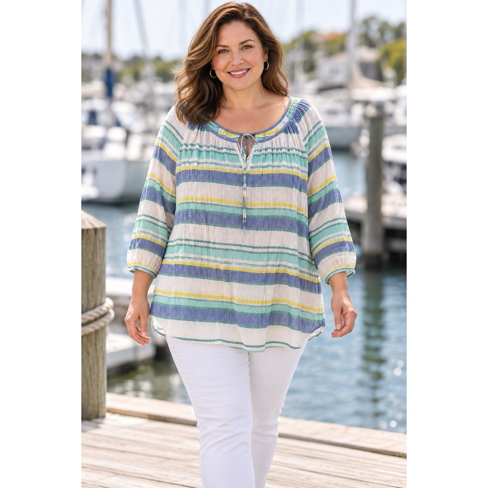 Chaps Women's Plus Cotton Striped Peasant Top Relaxed Fit 3X Blue / Gre coastal